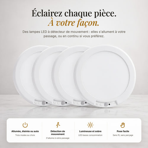 Quatre lampes LED à détecteur de mouvement, avec leurs quatre atouts : trois modes, détection, lumière sobre, pose facile
