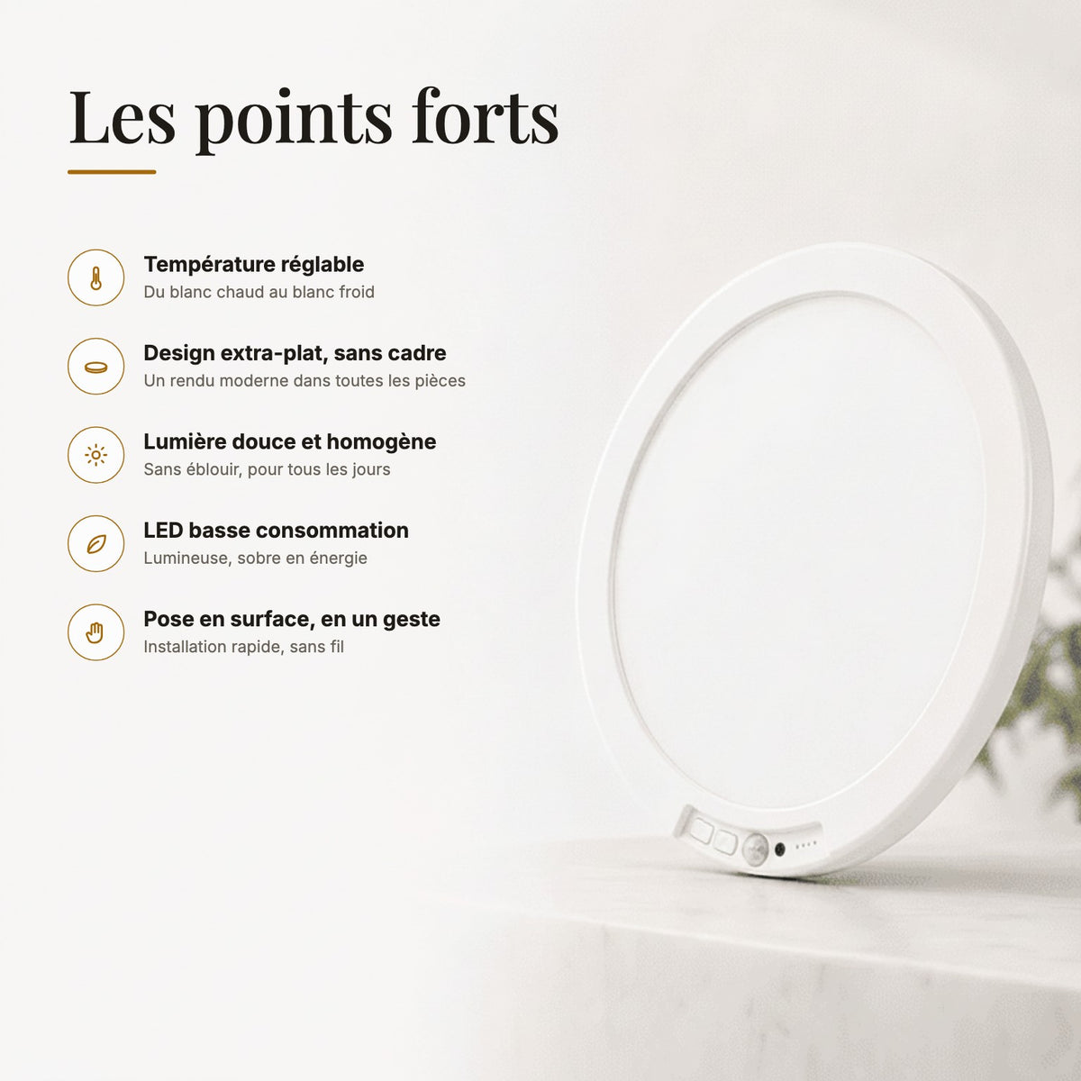 Les points forts de la lampe LED à détecteur de mouvement : température réglable, extra-plate, lumière douce, basse consommation, pose rapide