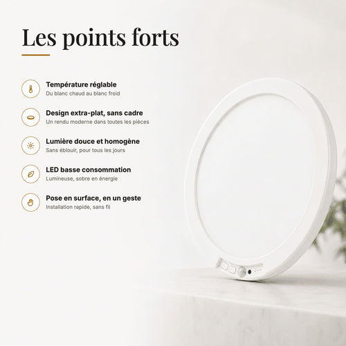 Les points forts de la lampe LED à détecteur de mouvement : température réglable, extra-plate, lumière douce, basse consommation, pose rapide